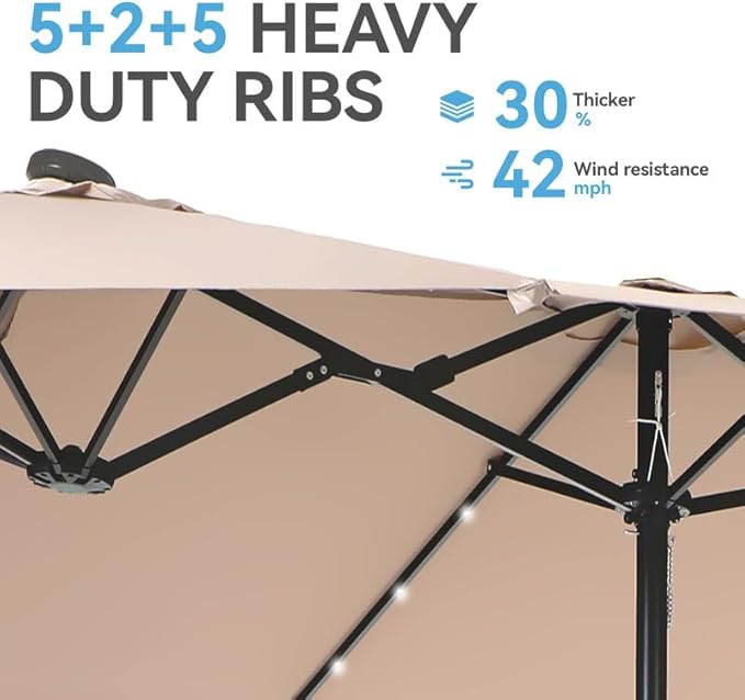 GREEN PARTY 15 ft Rectangle Patio Umbrella with Solar Lights and Base Included, Double-Sided Market Table Umbrella with Crank, Large Outdoor Umbrellas for Patio Poolside Garden Backyard, Beige