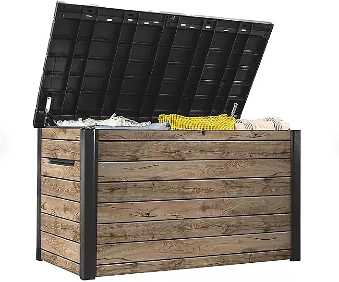 Stylish Indoor/Outdoor Storage Deck Box,Resin,Large Capacity, Weather-Resistant, Lockable lid and Side handles. (Rust Wood Brown, 230 Gallon)