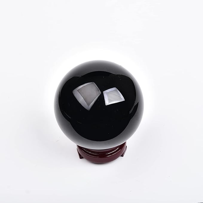 JIC Gem Small Black Crystal Ball - Obsidian Sphere with Wooden Stand for Feng Shui Healing, Meditation (70-80mm)