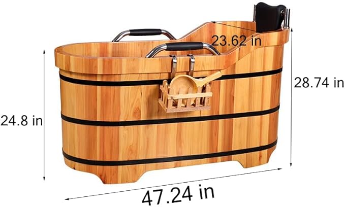 Wooden Hot Tub Bathroom Freestanding Soaking Non-Slip Bathtub Thickened Handrail Style Healthy Medicinal Bathtub For Both Adult And Child Family Members (Deluxe configuration with lid fumigation)