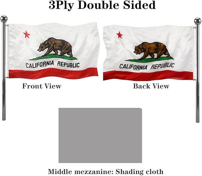 Jayus Double Sided California Ca State Flags 2x3 FT Outdoor - 320D Heavy Duty Nylon Republic of Californian Cali Bear Flag Banner with 2 Grommets