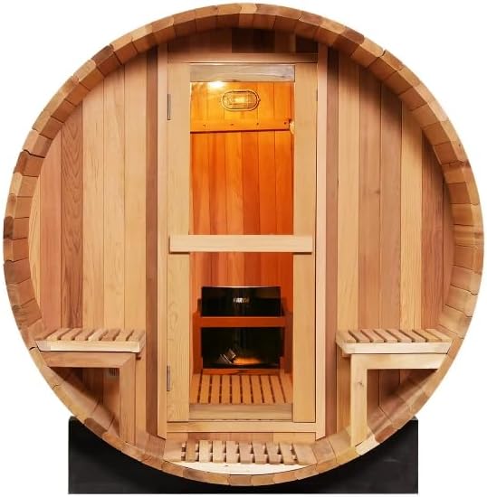 ZONEMEL Outdoor Barrel Steam Sauna, Canadian Red Cedar Sauna Room for 10-12 Person with 9KW ETL TOULE Heater, Volcanic Stones, Asphalt Shingles,Canopy Porch, 8mm Tempered Glass, 220V