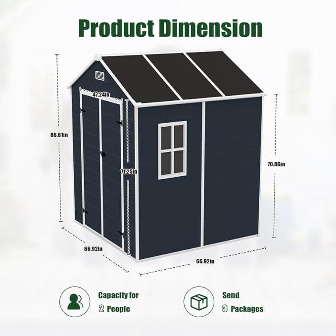 6x6 FT Outdoor Storage Shed with Floor and Window, Waterproof Resin Garden Tool Sheds w/Lockable Door, Vents & Sloped Roof, All-Weather Plastic Tool House for Patio, Backyard, Lawn, Dark Gray