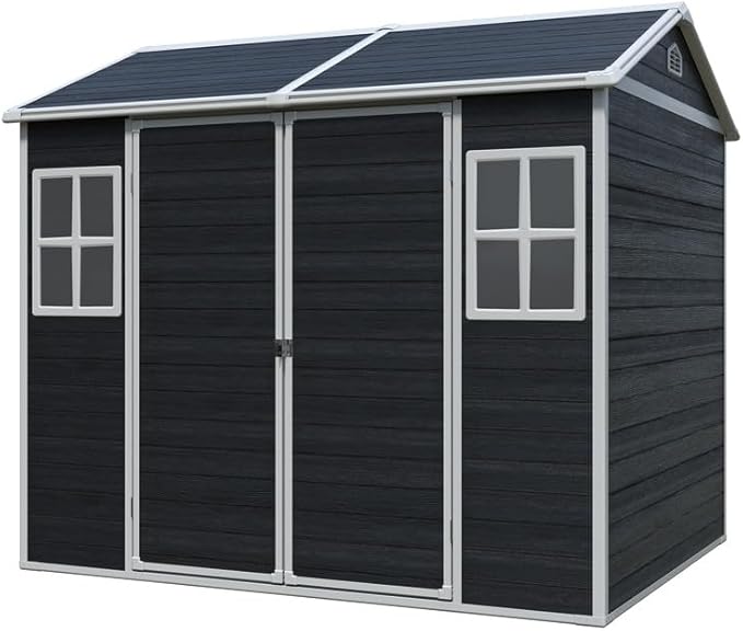 8x6 FT Resin Outdoor Storage Shed with Floor and 2 Windows, Outside Plastic Sheds Storage Clearance w/Lockable Door, Backyard Garden Tool House for Patio, Yard, Lawn, Bike, Black