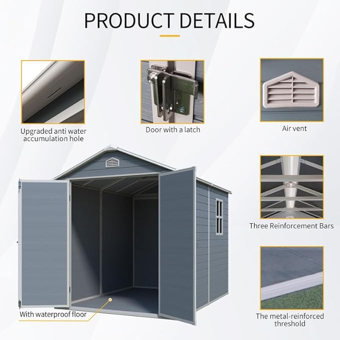 8 x 6 FT Outdoor Storage Shed with Window, Outside Garden Resin Sheds w/Floor and Lockable Doors, Waterproof Plastic Tool House for Backyard, Garden, Patio, Lawn, Bike Accessories, Grey