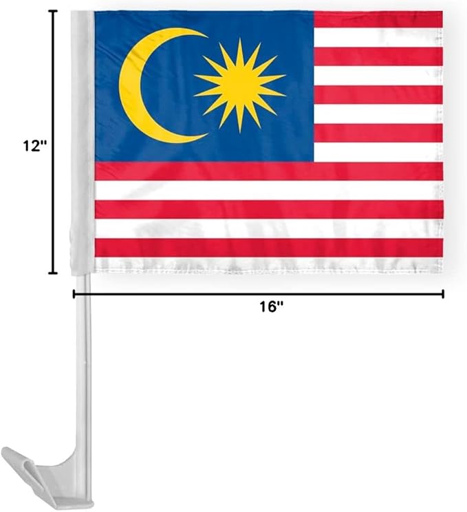 AGAS Malaysia Car Flag 12x16 inch Polyester Fabric Double Stitched 17 Inch White Plastic Flexible Pole High Visibility Malaysian National Car Flag