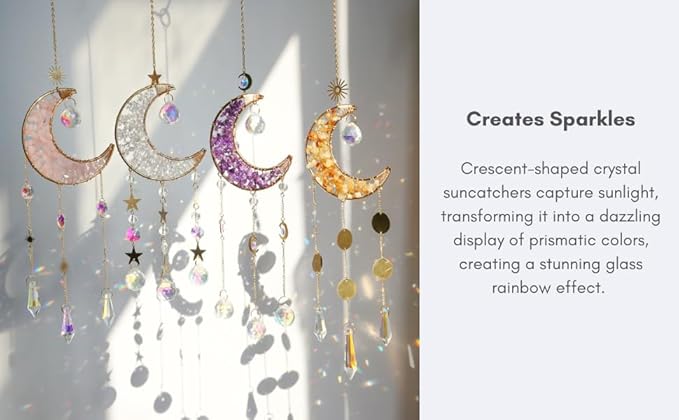 Moon Suncatcher Hanging Decor, Boho Chic Lapis Lazuli Crystal Sun Catcher, Spritual Sun Light Catcher for Windows, Blue Crescent Moon Housewarming Gift (Lapis Lazuli)