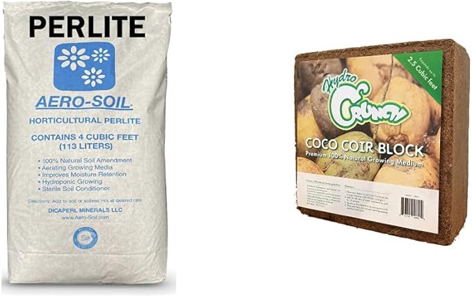 AeroSoil Perlite Horticultural Soil Additive – Potting Soil for Plants – Seed Starter - Coarse 4 CF & Hydro Crunch CB801 Coco Coir 2.5 Cubic Ft Block of Soiless Growing Media, Brown