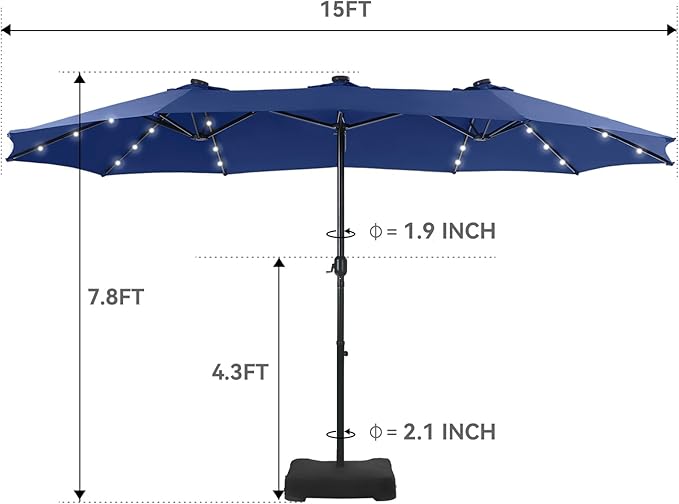 GREEN PARTY 15 ft Rectangle Patio Umbrella with Solar Lights and Base Included, Double-Sided Market Table Umbrella with Crank, Large Outdoor Umbrellas for Patio Poolside Garden Backyard, Haze Blue