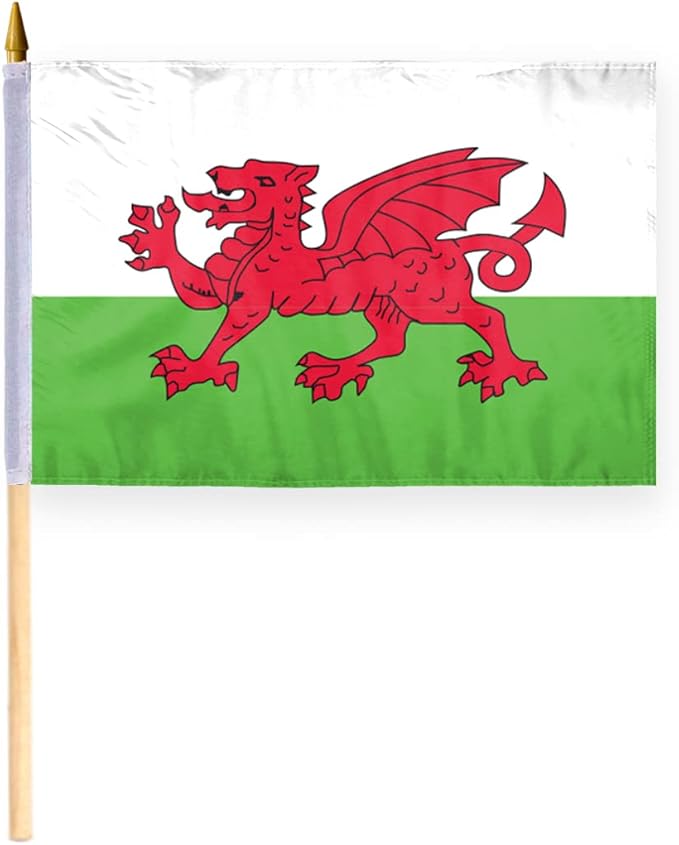AGAS Wales Flag 12x18 inch - 24" Wood Pole 100% Polyester Double Stitched Welsh National Mini Handheld Flag