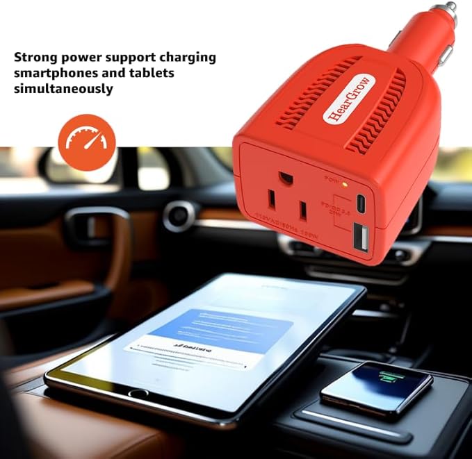 HearGrow100w Car Power Inverter, 12V DC to 110V AC Vehicles Converter with USB Ports，Plug Adapter Outlet and Fast Charging PD3.0 Type-C for Phones, Pads, Laptops and Computer Charger(red)