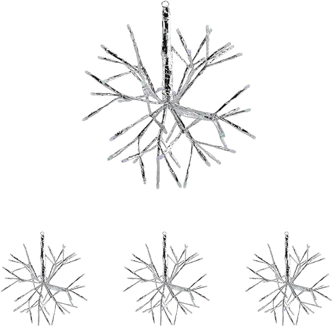 Alpine Corporation 10" H Indoor Christmas Snowflake Ornament with Multi-Colored LED Lights, Silver, Christmas Decoration (Pack of 4)