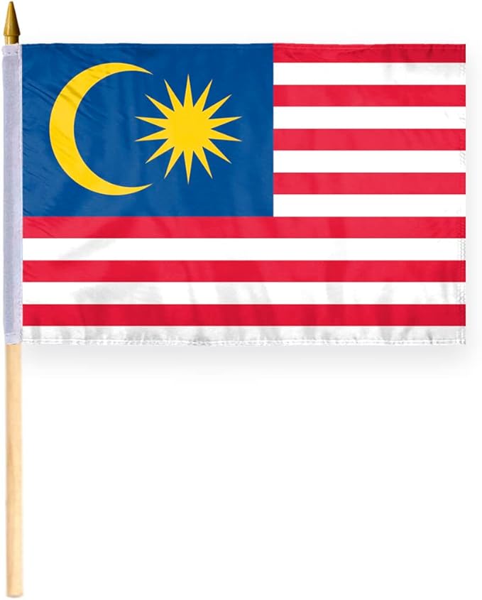 AGAS Malaysia Flag 12x18 inch - 24" Wood Pole 100% Polyester Double Stitched Malaysian National Mini Handheld Flag