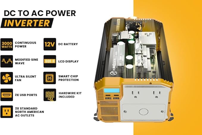 K KRIËGER 3000 Watts Power Inverter 12V to 110V, Modified Sine Wave Car Inverter, Dual 110 Volt Outlets, Hardwire Kit, DC to AC Converter with Installation Kit - ETL Approved Under UL STD 458