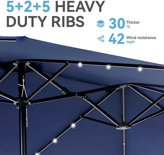 GREEN PARTY 15 ft Rectangle Patio Umbrella with Solar Lights and Base Included, Double-Sided Market Table Umbrella with Crank, Large Outdoor Umbrellas for Patio Poolside Garden Backyard, Navy Blue