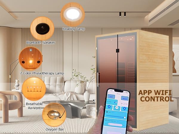 Full Spectrum Infrared Sauna for 2 Person, Upgraded WiFi Control Indoor Red Light Therapy Canadian Hemlock Wood Home Spa Saunas, Speaker, Oxygen bar, Reading & 7-Color Light, 1750 W, 110V US Instock