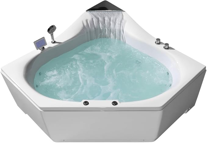 ARIEL 59" Triangular Platinum Whirlpool Bathtub with 22 Hydro Jets, Two-Person Jetted Hot Tub with Customizable Massage, Waterfall, Hot/Cold Inlets & Smart Features