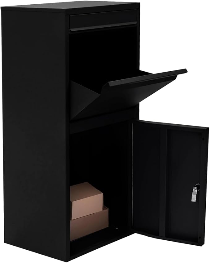 Black Mailboxes for Outside，Galvanized Steel Large Package Delivery Boxes for Outside,with Adjustable Baffle Parcel Drop Box,Wind and Rainproof Packages Box for front Porch