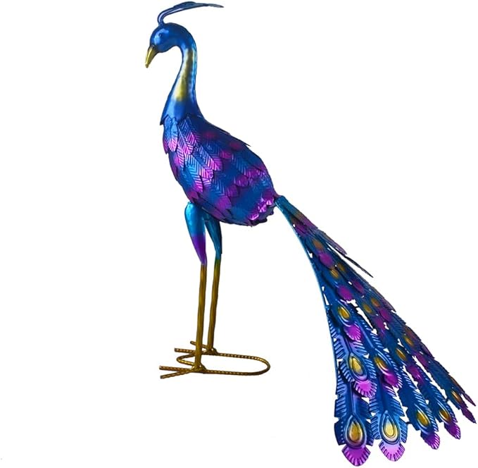 Small Peacock Statue Animal Sculpture Garden Decoration Metal Yard Art for Yard Outdoor Decoration (Long Tail)