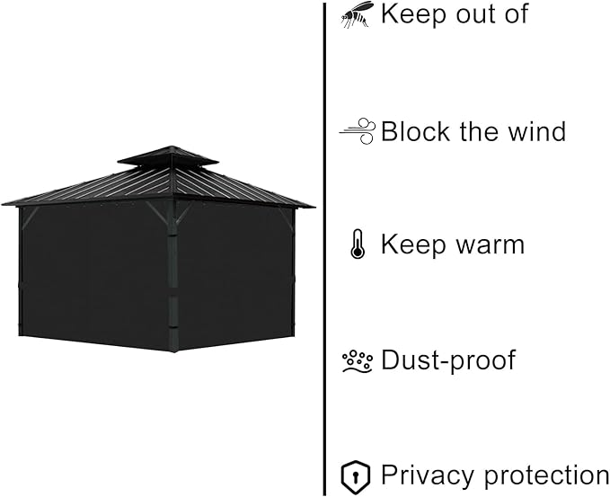 Gazebo Universal Replacement Privacy Curtain, 12'X14' Gazebo Curtains Outdoor Waterproof, 4-Panels Sidewall with Zipper for Patio, Garden and Backyard (Only Curtains, 12'X14', Black)
