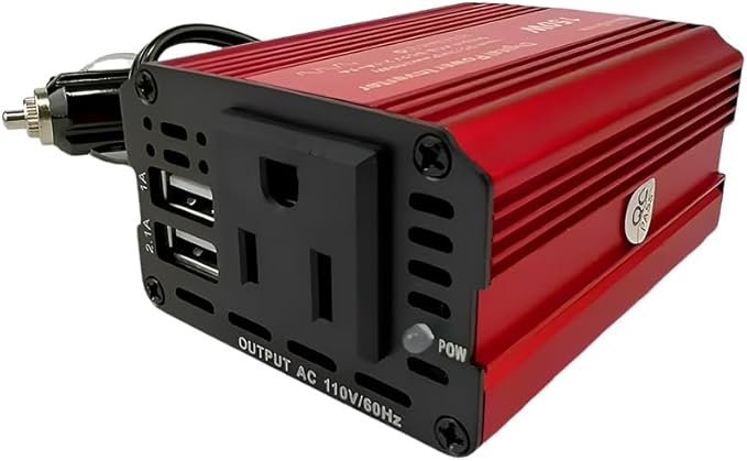 150W red car Power Inverter Converter Plug Adapter 12V to 110V 3.1A Dual USB Outlet for Travel Camping Outdoor All Smartphones Road Trips with Fast Charging