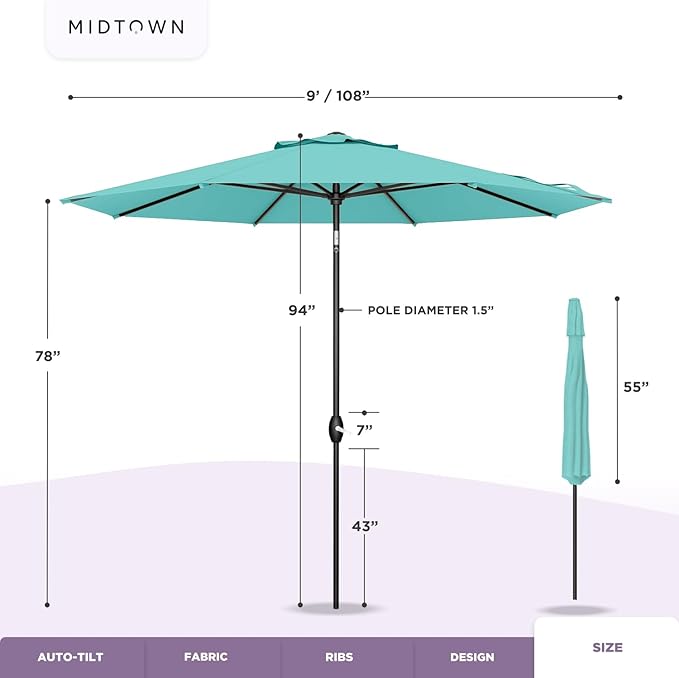 Midtown Umbrellas Sunbrella Umbrella 9 Feet Outdoor Umbrella With Cast Slate Acrylic Fabric - Auto-Tilt Aluminum Frame Patio Umbrella For Backyard, Deck, Garden, Pool - Black Pole