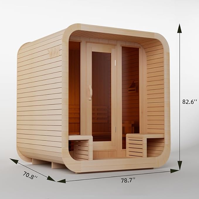 Square Outdoor Sauna, Canadian Hemlock Sauna 4 Person, 240V 6KW ETL Harvia Heater, Porch,Waterproof System, Large Glass Windows, Wood Tiles, Double Reinforcement-Fast Delivery(0-195 °F)