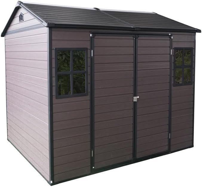 8x6 FT Resin Outdoor Storage Shed with Floor and 2 Windows, Outside Plastic Sheds Storage Clearance w/Lockable Door, Backyard Garden Tool House for Patio, Yard, Lawn, Bike, Brown