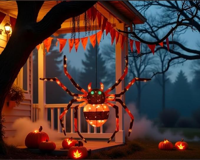 【1 Piece】 4.6Ft Giant Spider Halloween Decorations Outdoor 55" Light Up Spider with 90 LED Lights for Front Yard, Porch, Garden, Lawn, Halloween Party (Orange)