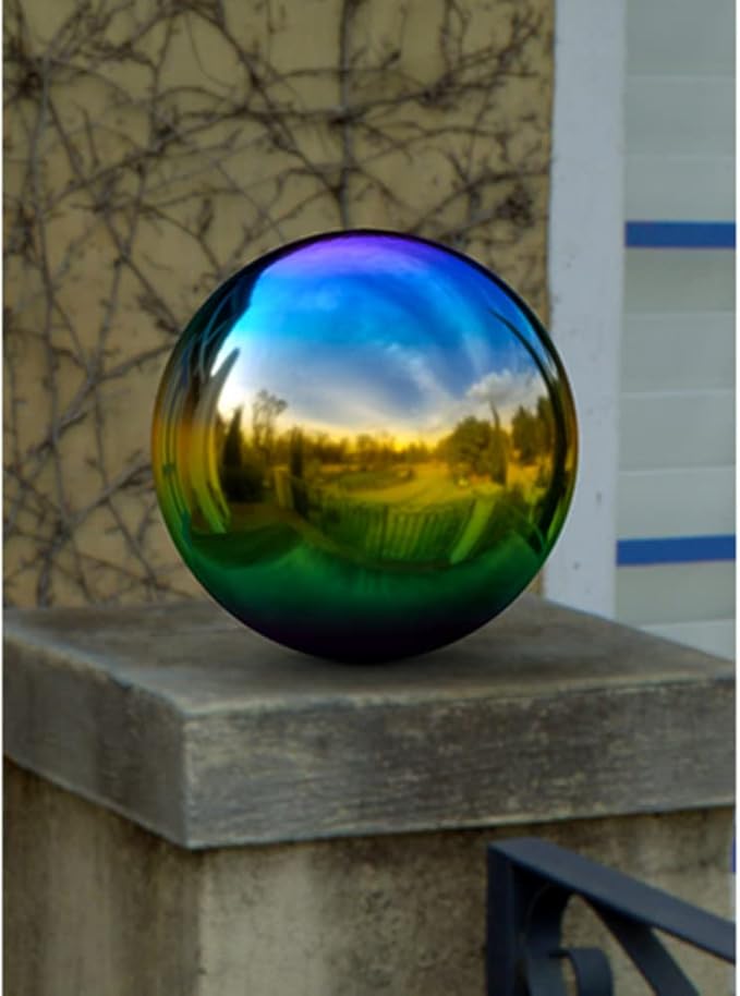 10 inch Diameter Gazing Ball,Rainbow Stainless Steel Polished Reflective Smooth Garden Sphere Globe Mirror,Colorful and Shiny Addition to Any Garden or Home