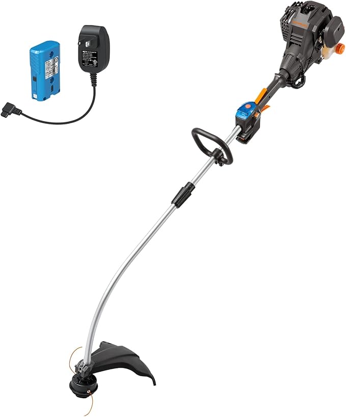 LawnMaster 25cc 2-Cycle Gas String Trimmer with No-Pull Electric Start 17-Inch Cutting Swath Multi-Attachment System 420mL Fuel Tank Lightweight Curved Shaft Design