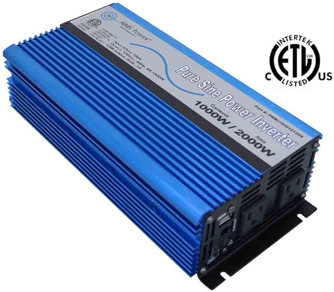 AIMS Power 1000 Watt / 2000 Watt Peak Pure Sine Power Inverter 12 Volt DC to 120 Volt AC ETL Listed with Remote