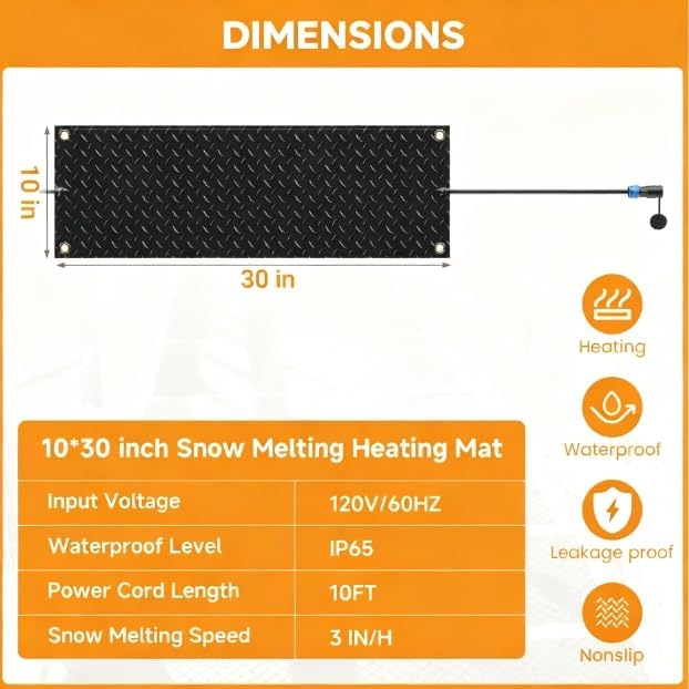 Snow Melting Mats Outdoor for Stairs,10 x 30 in 4 Pack No-Slip Heated Outdoor Mats with 10 ft Power Cord, 3 in/h Speed Snow and Ice Melting Pads for Winter Outdoor Stairs, Steps Snow Removal