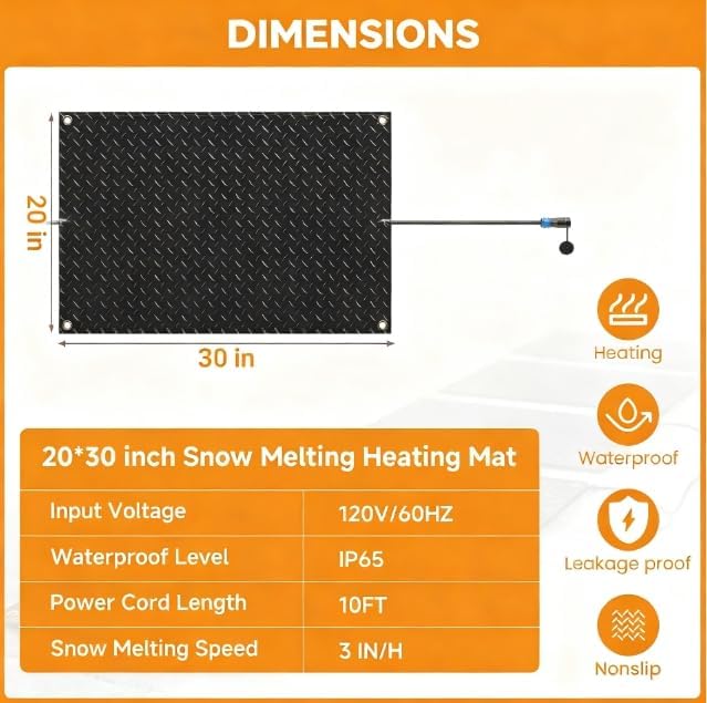 Snow Melting Mats Outdoor for Walkways, 20 x 30 in 2 Pack No-Slip Heated Outdoor Mats with 10 ft Power Cord, 3 in/h Speed Snow and Ice Melting Pads for Winter Backyards Snow Removal