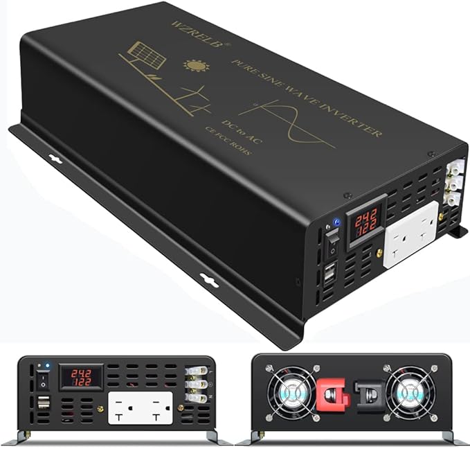 WZRELB 3500Watts Pure Sine Wave Power Inverter 24VDC to 120VAC 7000W Peak Dual AC Outlets 2× 2.4A USB Port &Hardwire Terminal Off-Grid Solar Converter RV Trucks