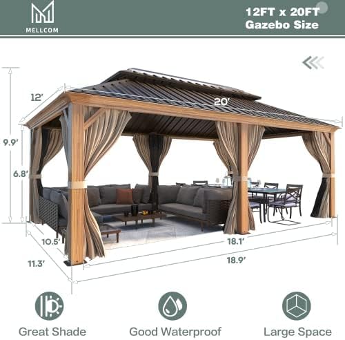 MELLCOM 12' x 20' Hardtop Gazebo, Wood Grain Aluminum Frame Outdoor Gazebo with Galvanized Steel Double Roof, Permanent Metal Pavilion with Curtains and Nettings for Patios, Gardens and Lawns