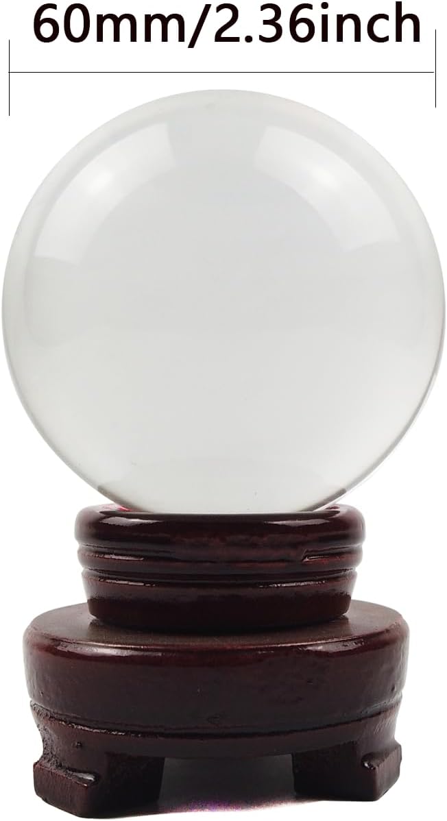 Crystal Ball, Glass Balls, Decorative Balls, Clear Crystal Ball with Wooden Stand, K9 Glass Ball for Home Decoration, Photography, FengShui,Fortune Teller Accessories (60mm)