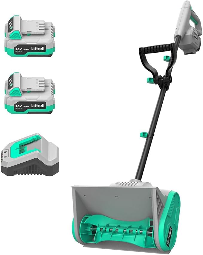 Litheli Cordless Snow Shovel, 20V 12-Inch Battery Powered Snow Thrower, Battery Snow Blower with Auxiliary Handle, with 2x4.0Ah Li-ion Battery & Charger