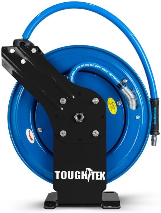 BluShield Tough Tek™ 3/8" x 100′ Aramid-Braided Rubber Pressure Washer Hose Reel | Dual Arm | 4000 PSI | Auto-Retract | 250°F Hot Water | Wall/Trailer Mount | 6′ Lead-In | Pro-Grade