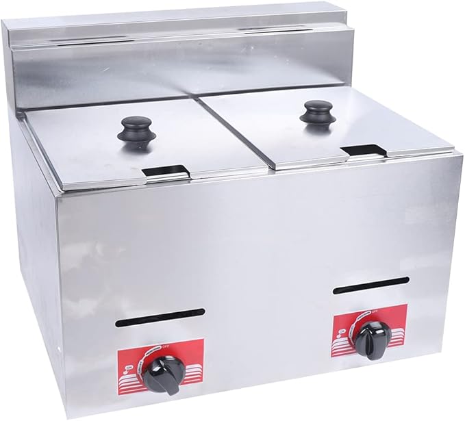 Gas Fryer, 2 * 5.3QT Commercial Large Propane Fryer Table Top Gas Fryer with 2 Baskets & 2 Lids, Stainless Steel Deep Double Cylinder Gas Fryer, Countertop Propane Fryers for Home Kitchen