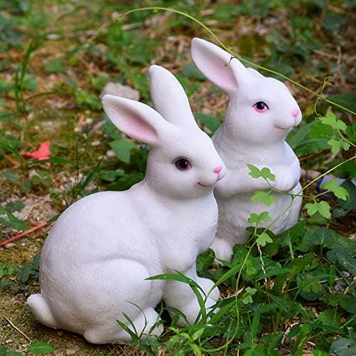 1 Pair Garden Statues Bunny Decor Resin Rabbit Figurine Cute Fairy Garden Decor Outdoor Statues for Patio Yard Porch Balcony Gifts for Women Mom Grandma White