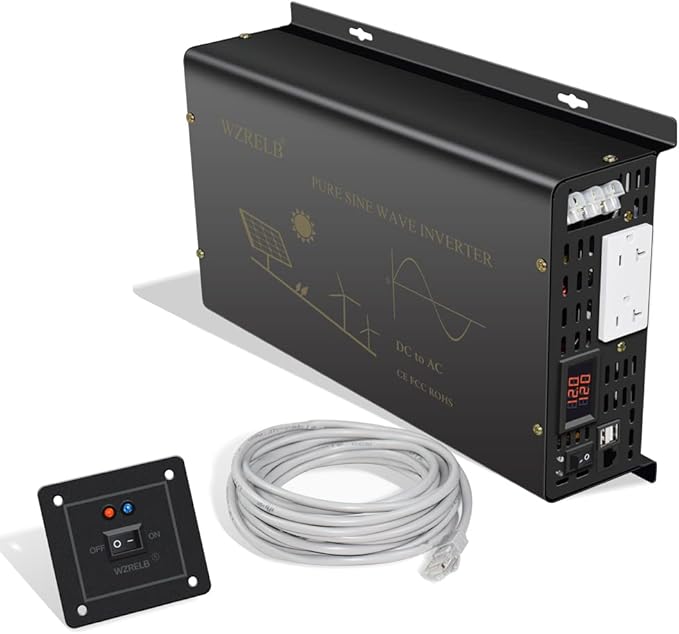 WZRELB Pure Sine Wave Power Inverter 5000W 12VDC to 120VAC 10KW Peak Dual AC Outlets 2× 2.4A USB Port &Hardwire Terminal with 16ft Remote Conrtol Off-Grid Solar Converter RV Trucks (VC500012U5WD-1)