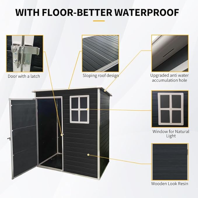 5x3 FT Resin Outdoor Storage Shed with Floor, Waterproof Heavy-Duty Plastic Garden Sheds w/Window and Lockable Door, Outside Tool Shed for Backyard, Patio, Lawn, Bike, Toys, Black