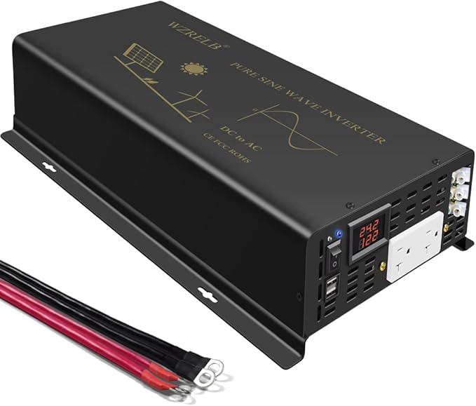 WZRELB 3500Watts Pure Sine Wave Power Inverter 24VDC to 120VAC 7000W Peak Dual AC Outlets 2× 2.4A USB Port &Hardwire Terminal Off-Grid Solar Converter RV Trucks