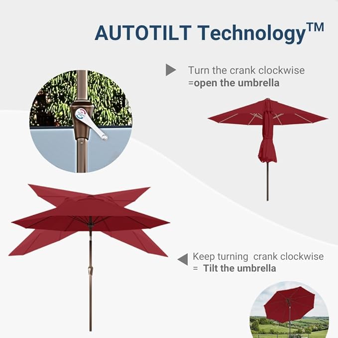 PatioKingdom Auto-Tilt 9FT Patio Umbrella Outdoor with 8 Sturdy Fiberglass Ribs,Market Table Umbrella for Pool,Backyard,Deck and Garden