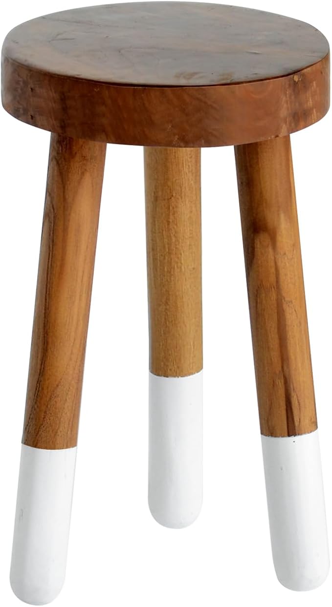 Teak 11.8" Round Dip Dyed Teak Stool | Wood Accent Side Table | Wood Plant Stand (20" Tall White)