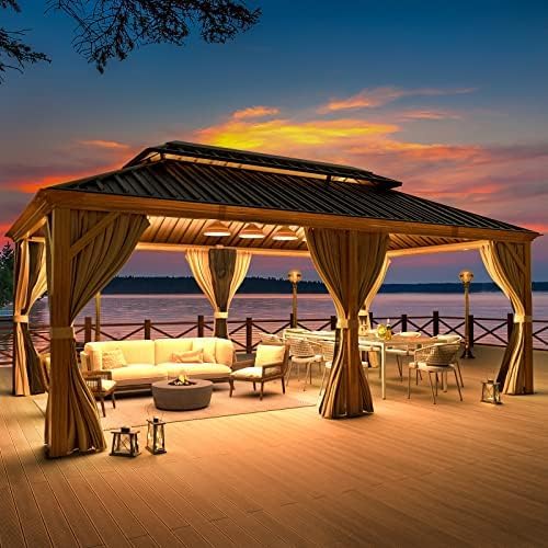 MELLCOM 12' x 20' Hardtop Gazebo, Wood Grain Aluminum Frame Outdoor Gazebo with Galvanized Steel Double Roof, Permanent Metal Pavilion with Curtains and Nettings for Patios, Gardens and Lawns