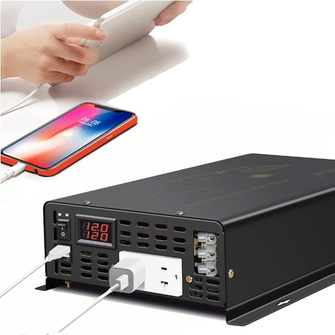 5000Watt Pure Sine Wave Power Inverter 12VDC to 120VAC 10KW Peak Built-in Soft Starter Dual AC Outlets 2× 2.4A USB Port &Hardwire Terminal Off-Grid Solar Converter RV Trucks (U5-500012)