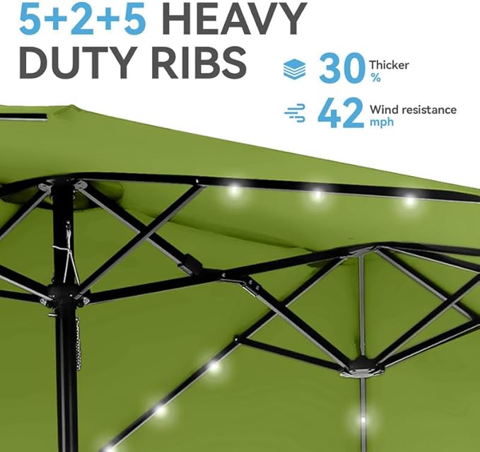 GREEN PARTY 15 ft Rectangle Patio Umbrella with Solar Lights and Base Included, Double-Sided Market Table Umbrella with Crank, Large Outdoor Umbrellas for Patio Poolside Garden Backyard, Lime Green