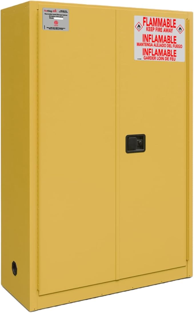 FireKing Yellow Flammable Safety Cabinet, Flammable Liquids Storage Cabinet, 45 Gallon Steel Safety Cabinets with Manual Door for Commercial, Industrial & Home Use, 43" x 18" x 65"